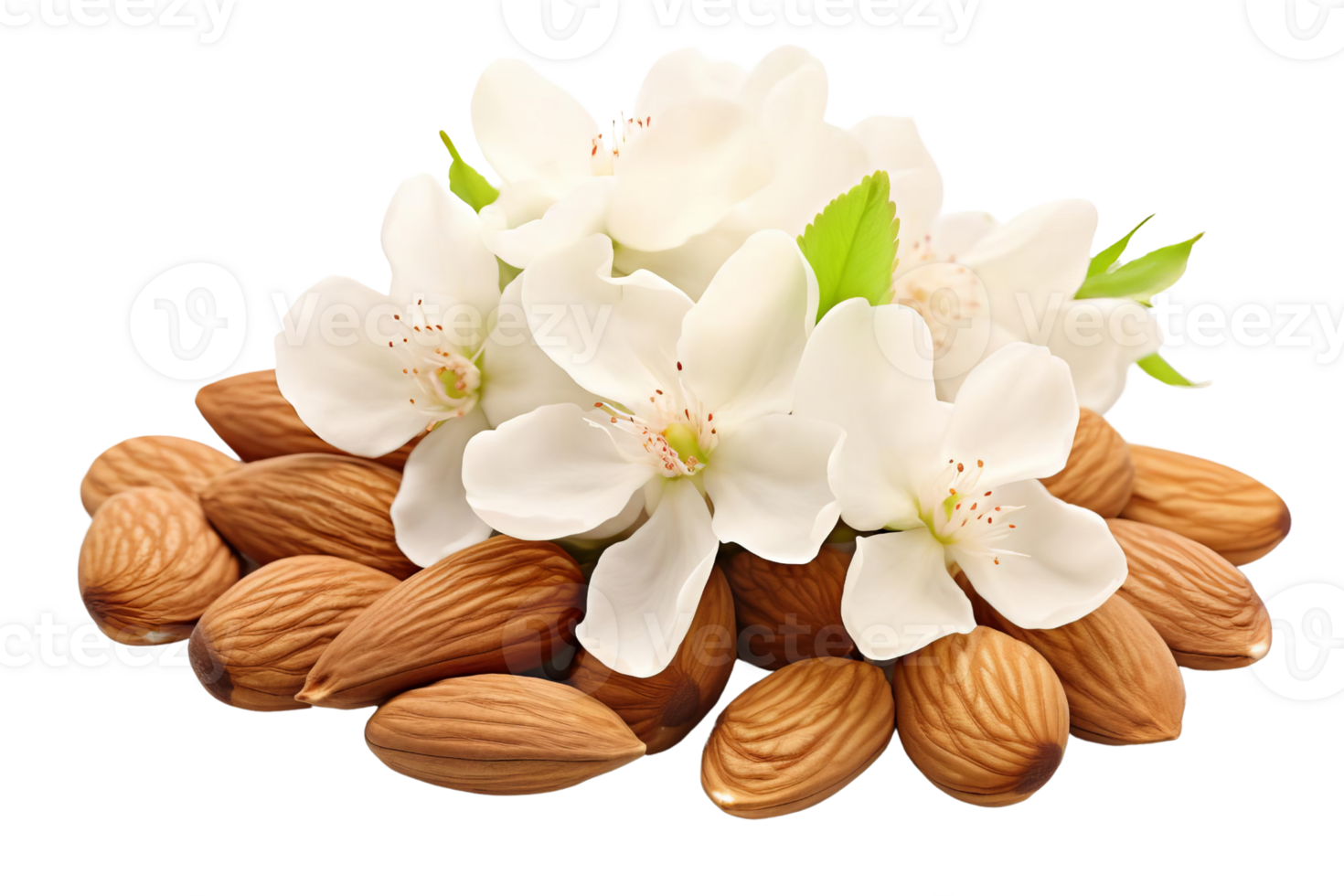 A bunch of almonds and flowers are on top of each other. The image has a peaceful and calming mood, as the combination of almonds png