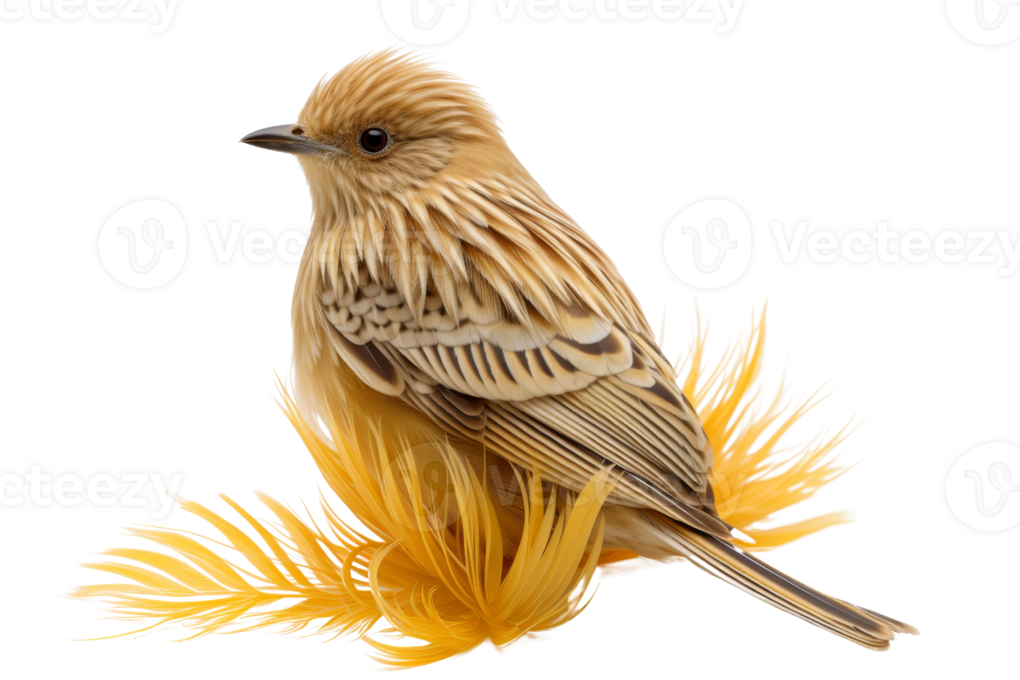 A small bird with brown and white feathers sits on a yellow feather. The bird is looking up at the camera png