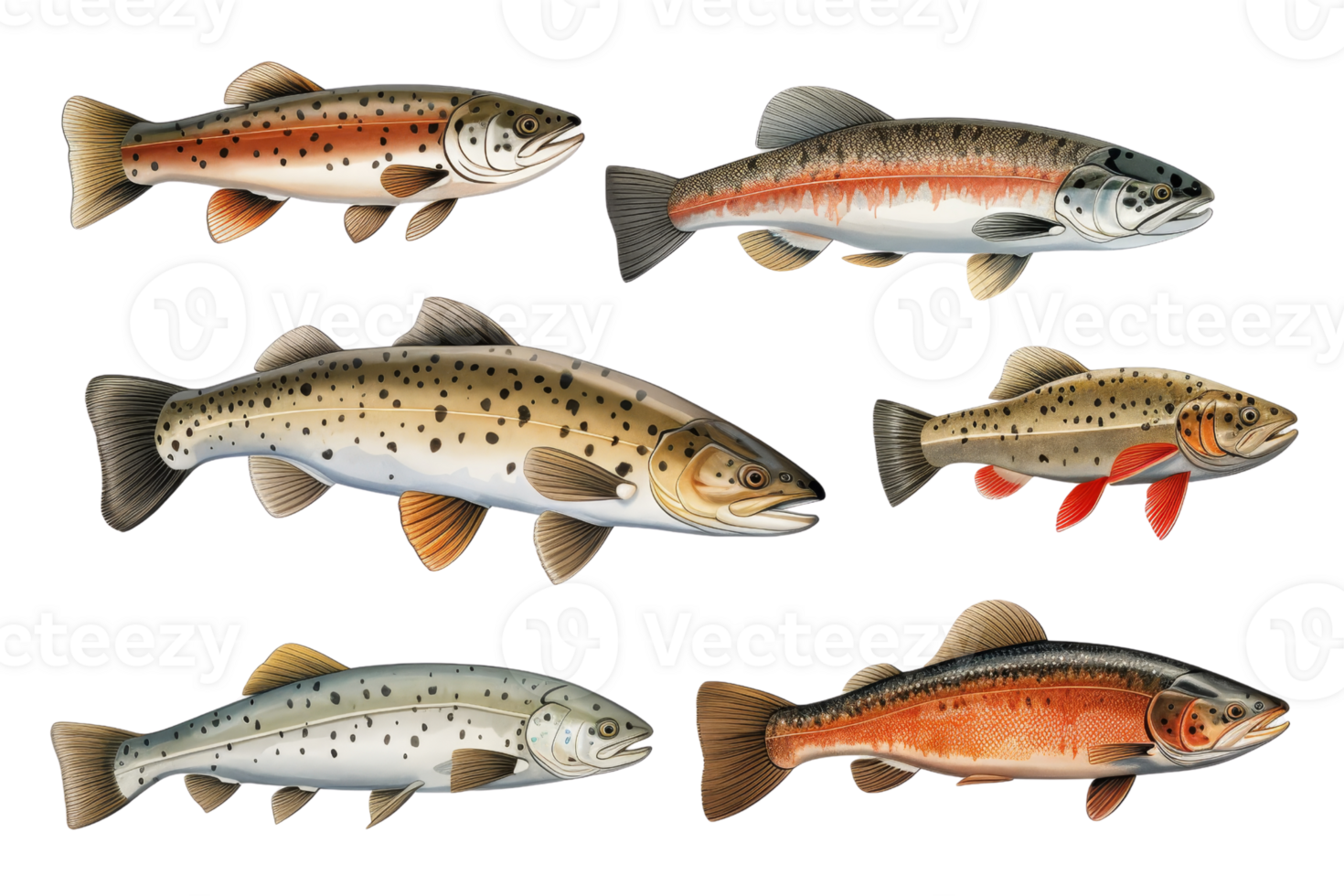 A collection of fish with different colors and sizes. The fish are arranged in a row, with the largest fish on the left and the smallest fish on the right. The colors of the fish vary png