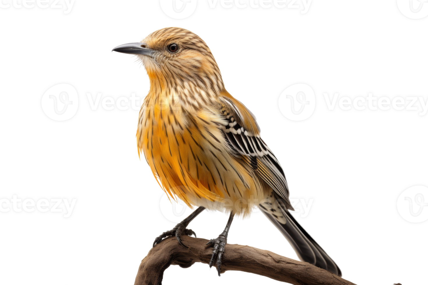 A bird with a yellow and black striped body is perched on a branch. The bird appears to be looking at the camera, possibly curious or alert. The scene is peaceful and serene png