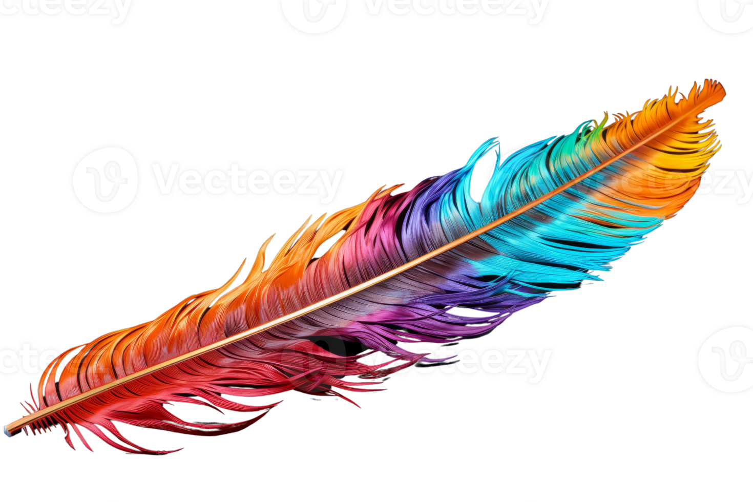 A colorful feather with a rainbow pattern. The feather is long and has a variety of colors, including red, blue, green, and yellow. The feather appears to be a symbol of freedom and beauty png