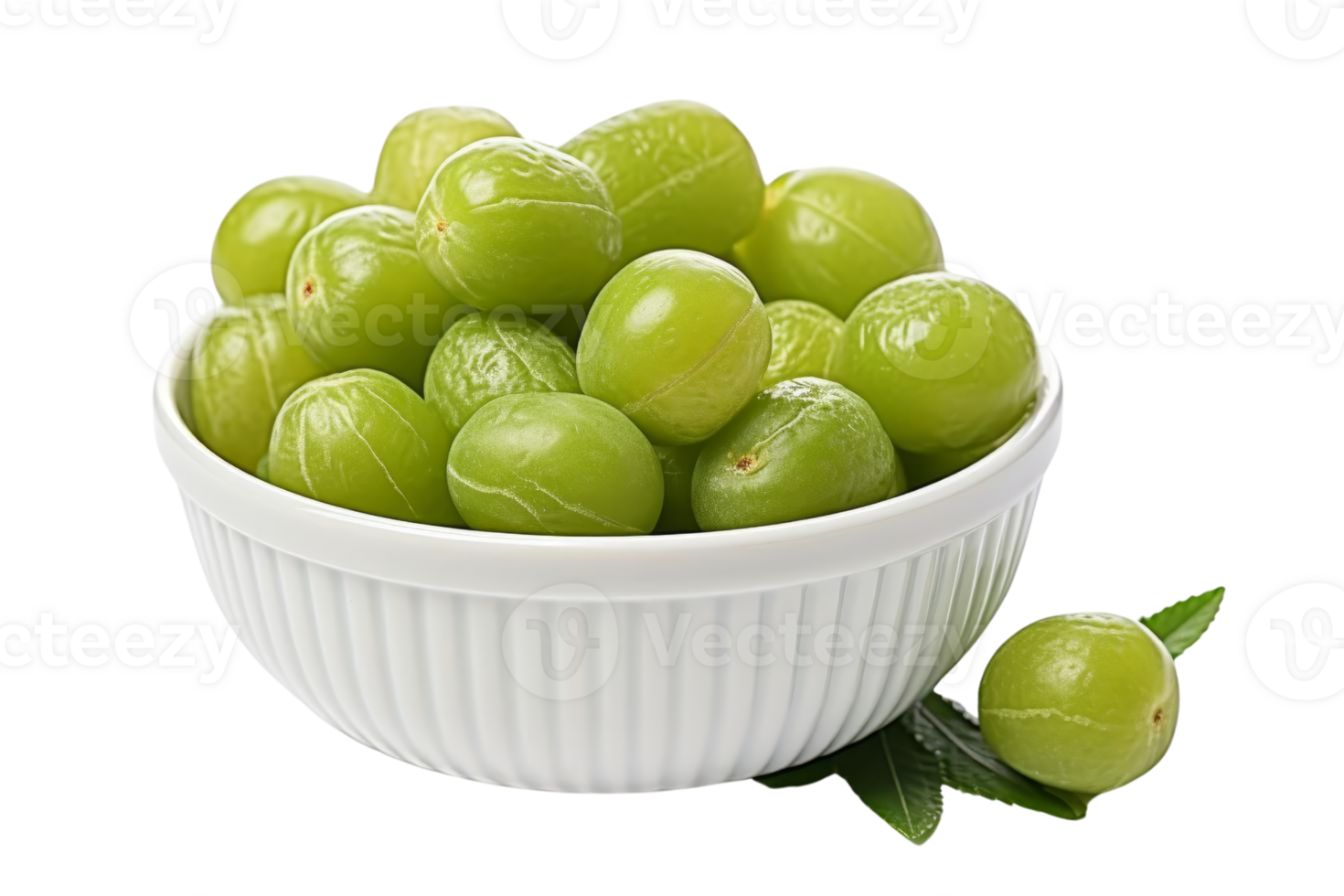 A white bowl filled with fresh, green Indian gooseberries amla, isolated on a transparent background. Perfect for healthy eating and nutrition concepts. png