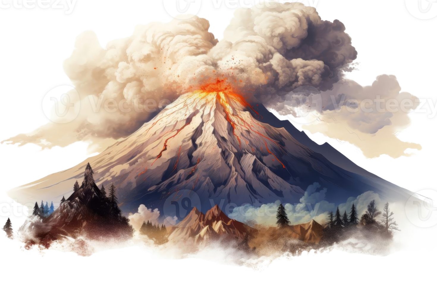 A mountain with a volcano on top and a forest in the background. The volcano is spewing lava and smoke png