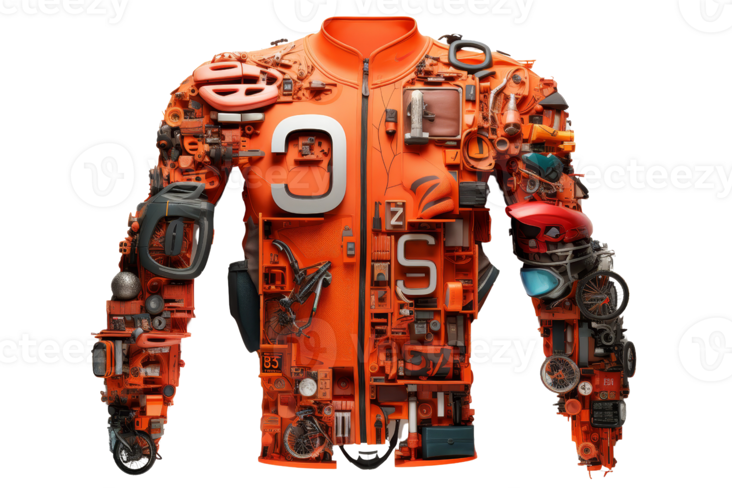 A man's orange jacket is made of various objects, including a bicycle, a motorcycle, and a car. The jacket is a creative and unique piece of art png
