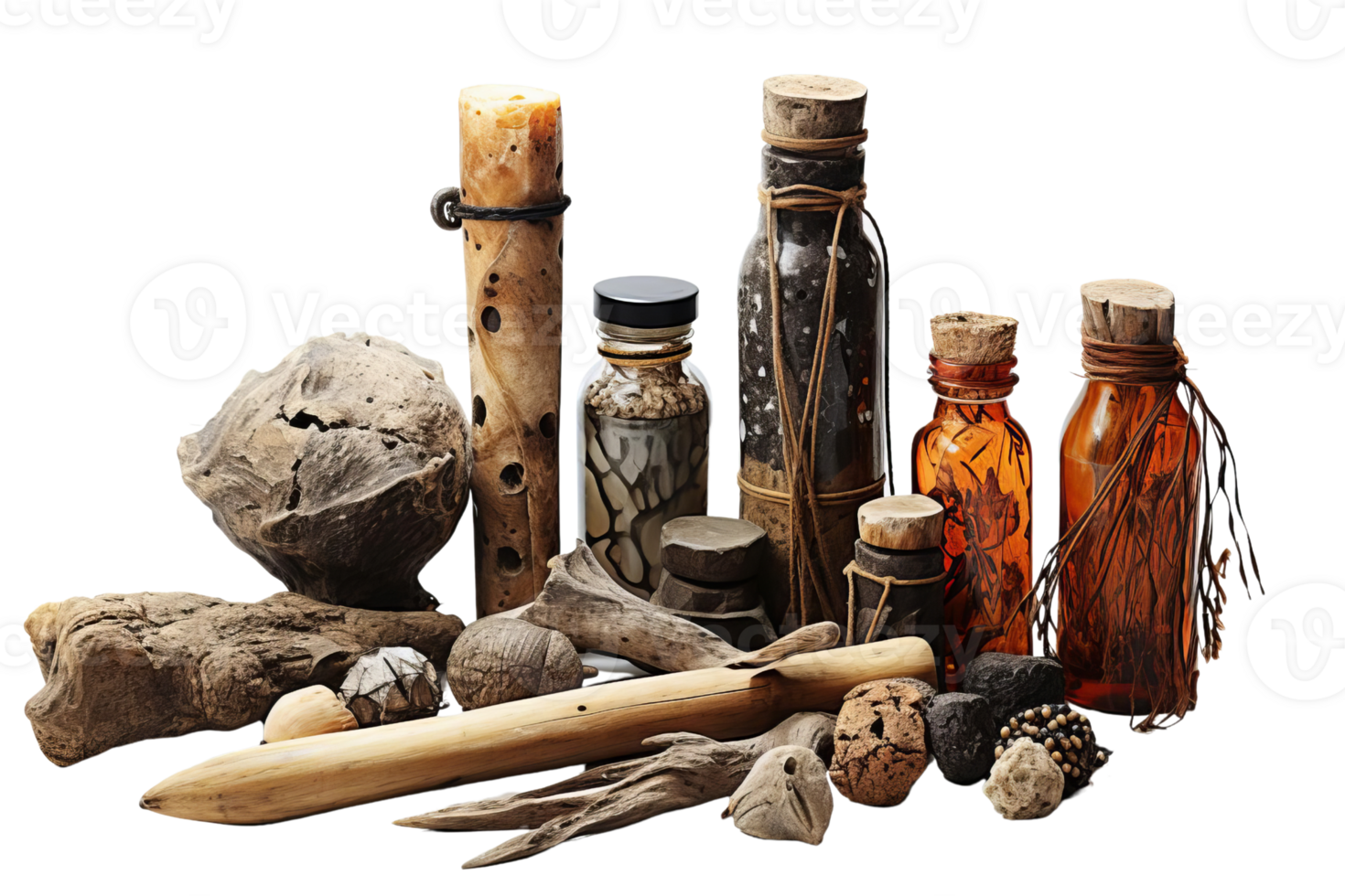 Assorted rustic bottles and natural elements setup, ideal for vintage, apothecary, or nature-themed projects and backgrounds. png