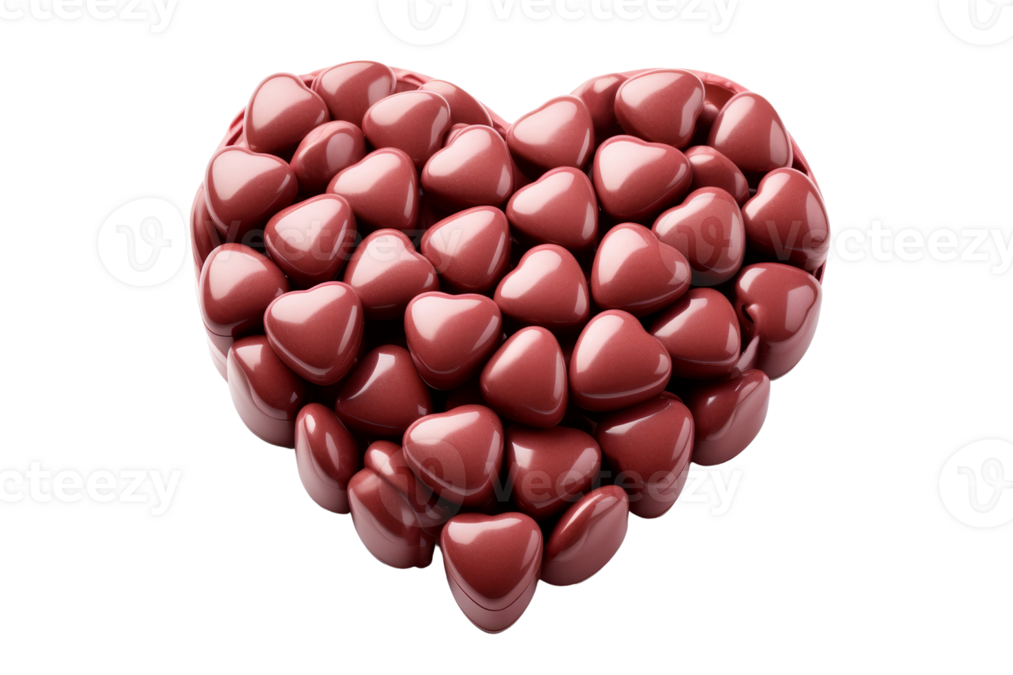 A heart made of chocolate candies. The heart is made of many small chocolate candies, and it is red in color. The heart is placed on a white background png