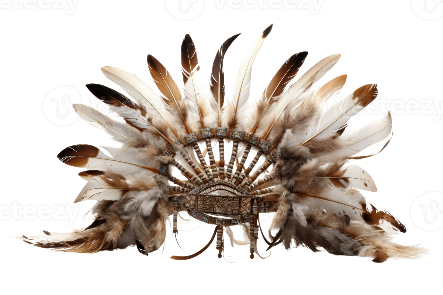 A feather headdress with a brown and white design. The feathers are arranged in a fan shape png