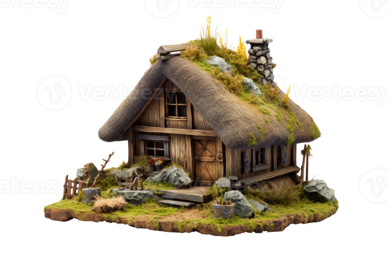 A small, old-fashioned house with a thatched roof and a stone chimney. The house is surrounded by a garden and has a stone path leading up to it. The house appears to be abandoned png