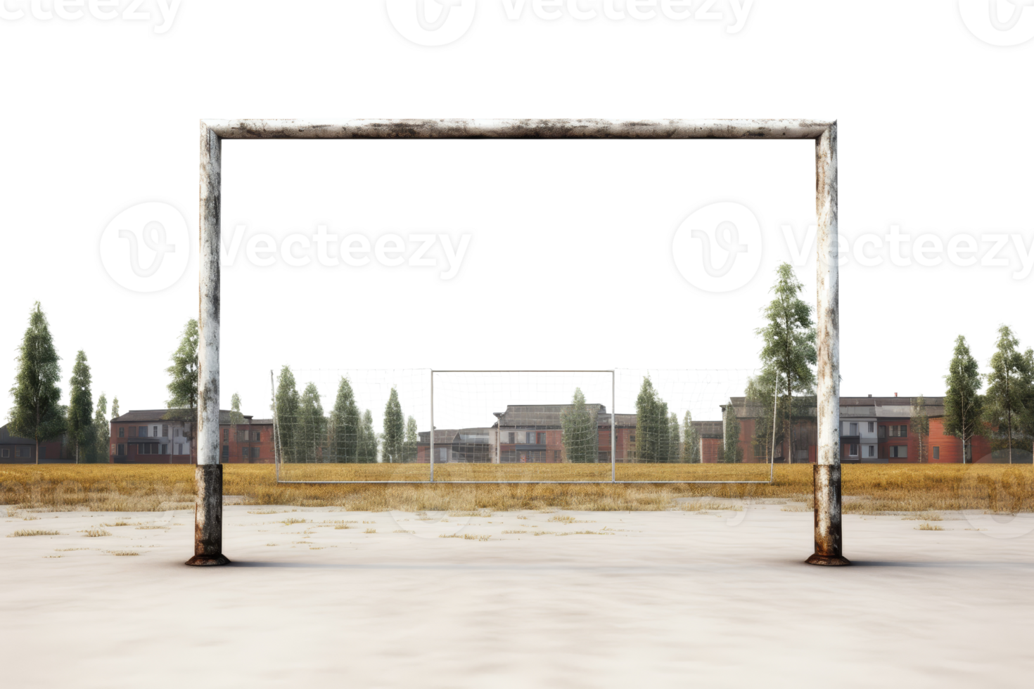 A rusty metal pole stands in the middle of a field. The pole is surrounded by a fence and is located in front of a row of houses. The scene is desolate and empty, with no people or activity visible png