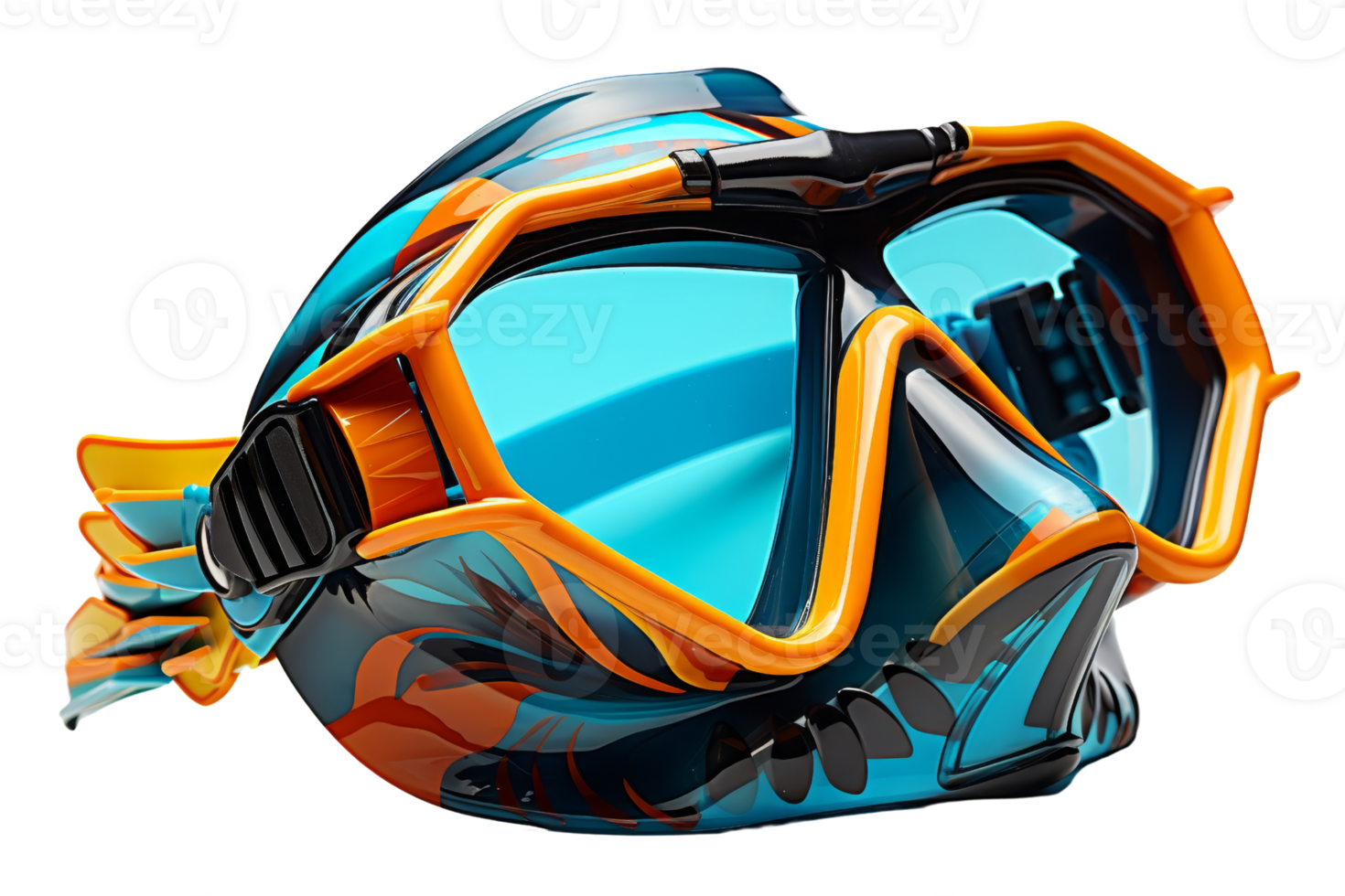 A pair of goggles with a blue lens and orange frame. The goggles are designed to be worn in the water png