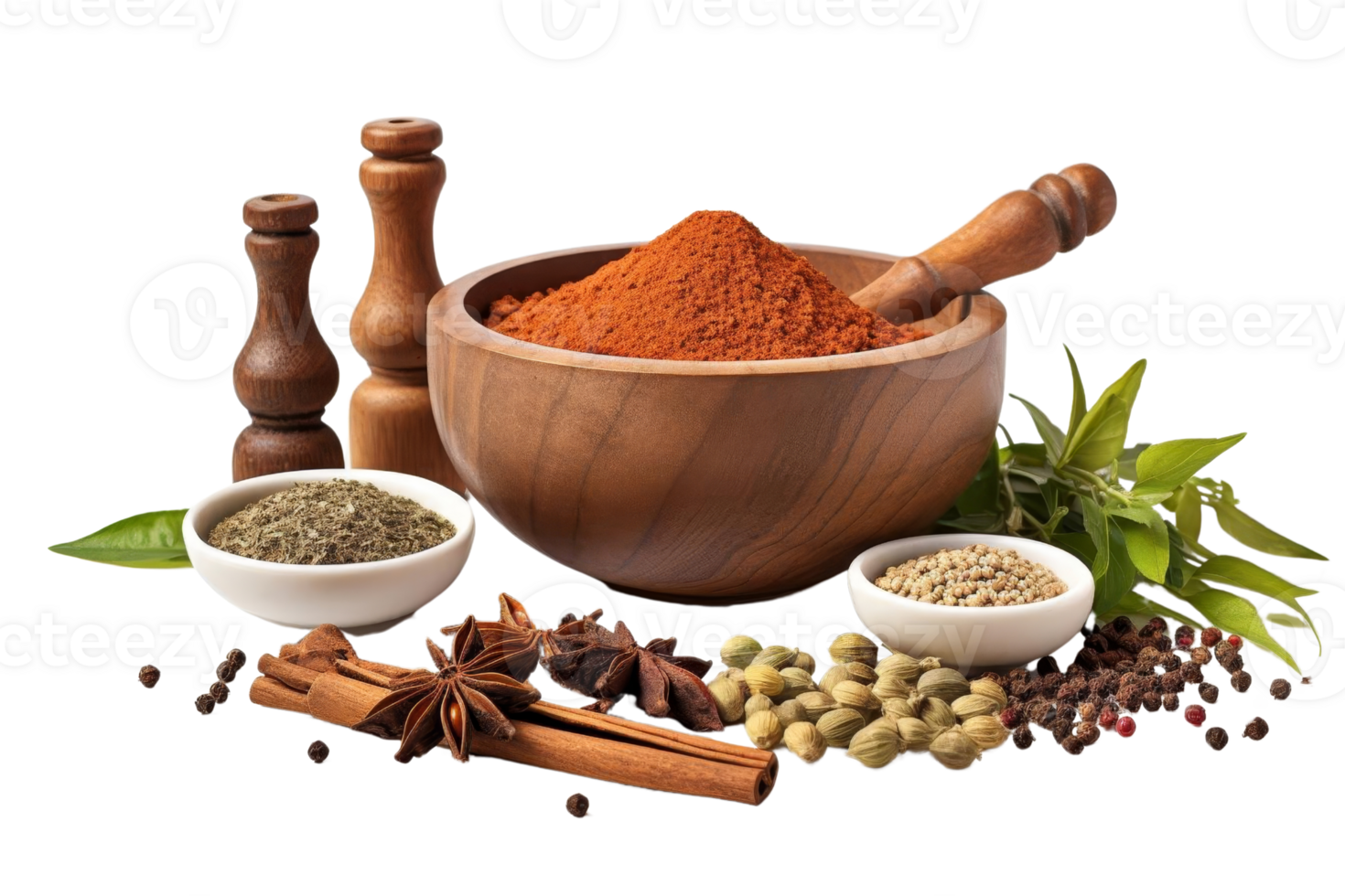 Assorted spices in wooden bowls and spices on transparent background. Includes peppers, star anise, cinnamon, and curry powder. png