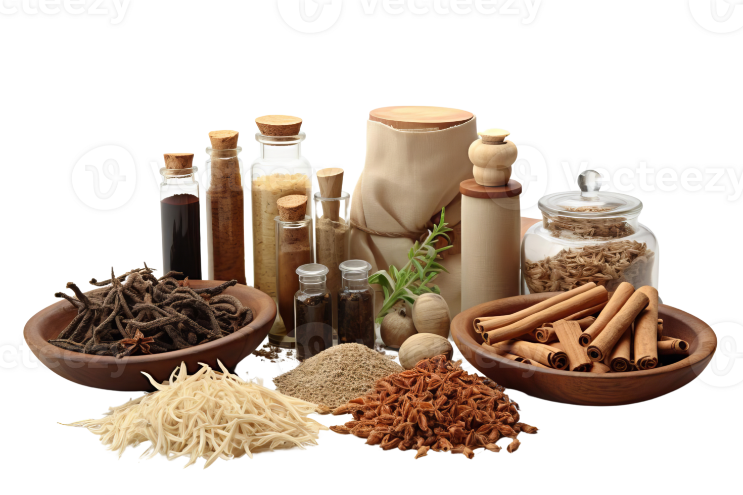 Assorted spices and herbs in bowls and jars, featuring cinnamon sticks and anise. Perfect for culinary, food, and kitchen concepts. png