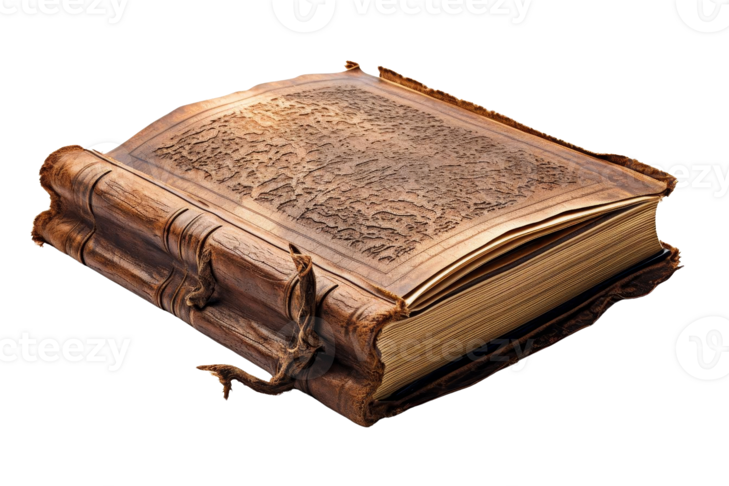 A book with a leather binding and a gold embossed spine. The spine is frayed and the pages are yellowed. The book is open to a page with a large, ornate design png
