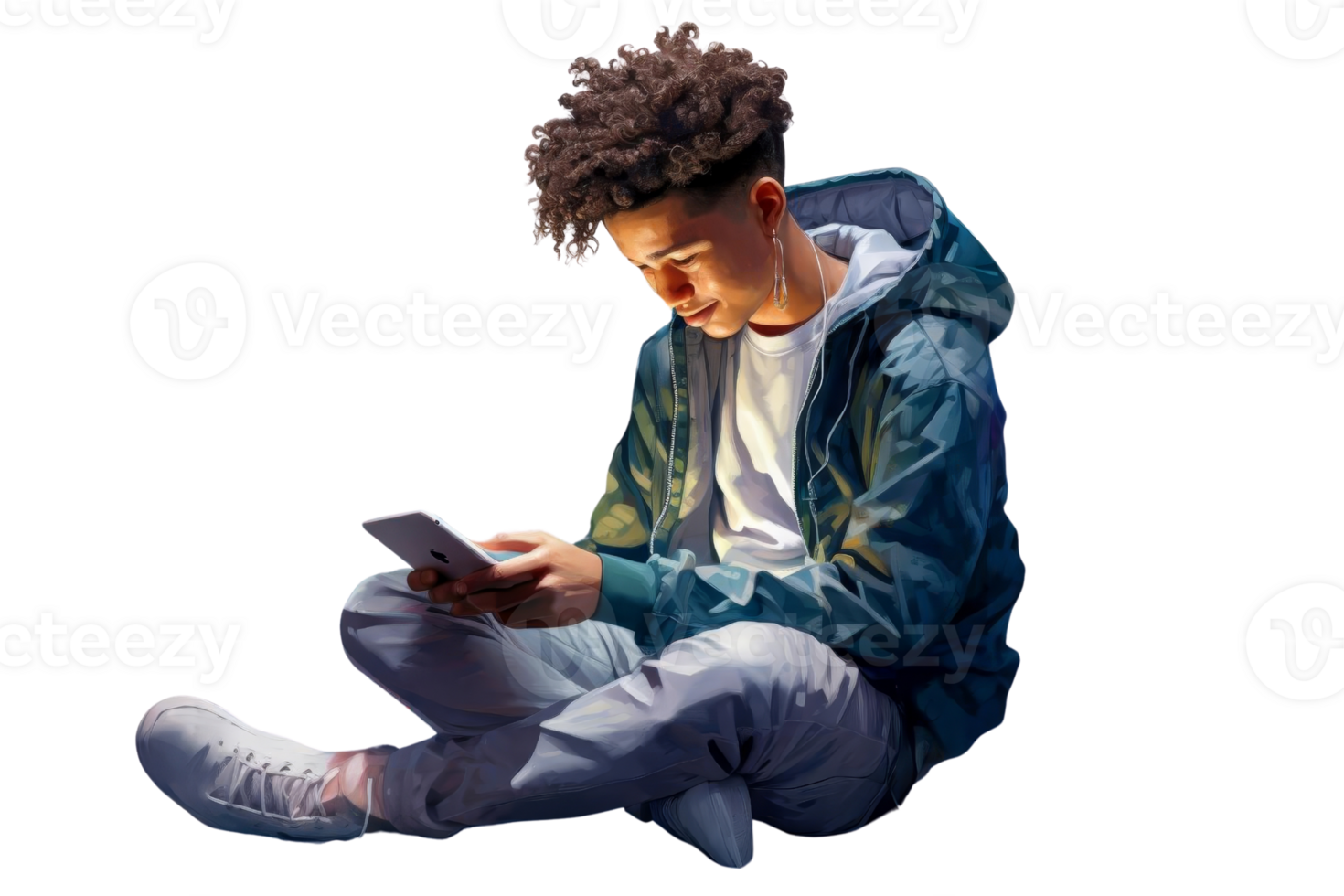 A young man is sitting on the ground with his phone in his hand. He is wearing a blue jacket and jeans. Concept of relaxation and leisure, as the man is taking a break from his day to enjoy his phone png
