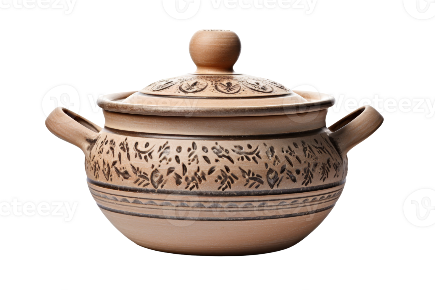 Close-up of a decorative clay pot with handles and a lid, featuring intricate patterns. Ideal for traditional kitchen decor. png