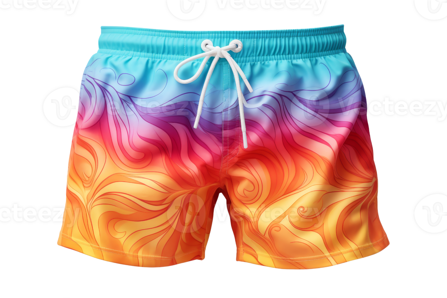 A colorful pair of swim trunks with a yellow stripe. The shorts are bright and colorful, with a yellow stripe running down the center. The shorts are designed to be fun and playful png