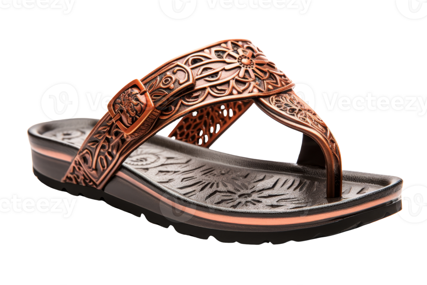A brown sandal with a floral design on the straps. The sandal is made of leather and has a gold band png