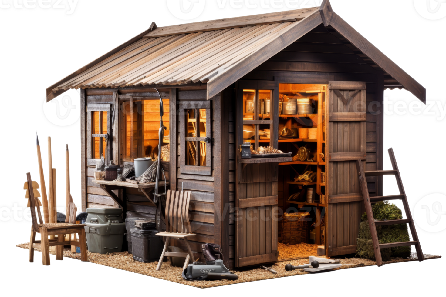 A small wooden shed with a ladder and a chair inside. The shed is lit up and has a cozy atmosphere png