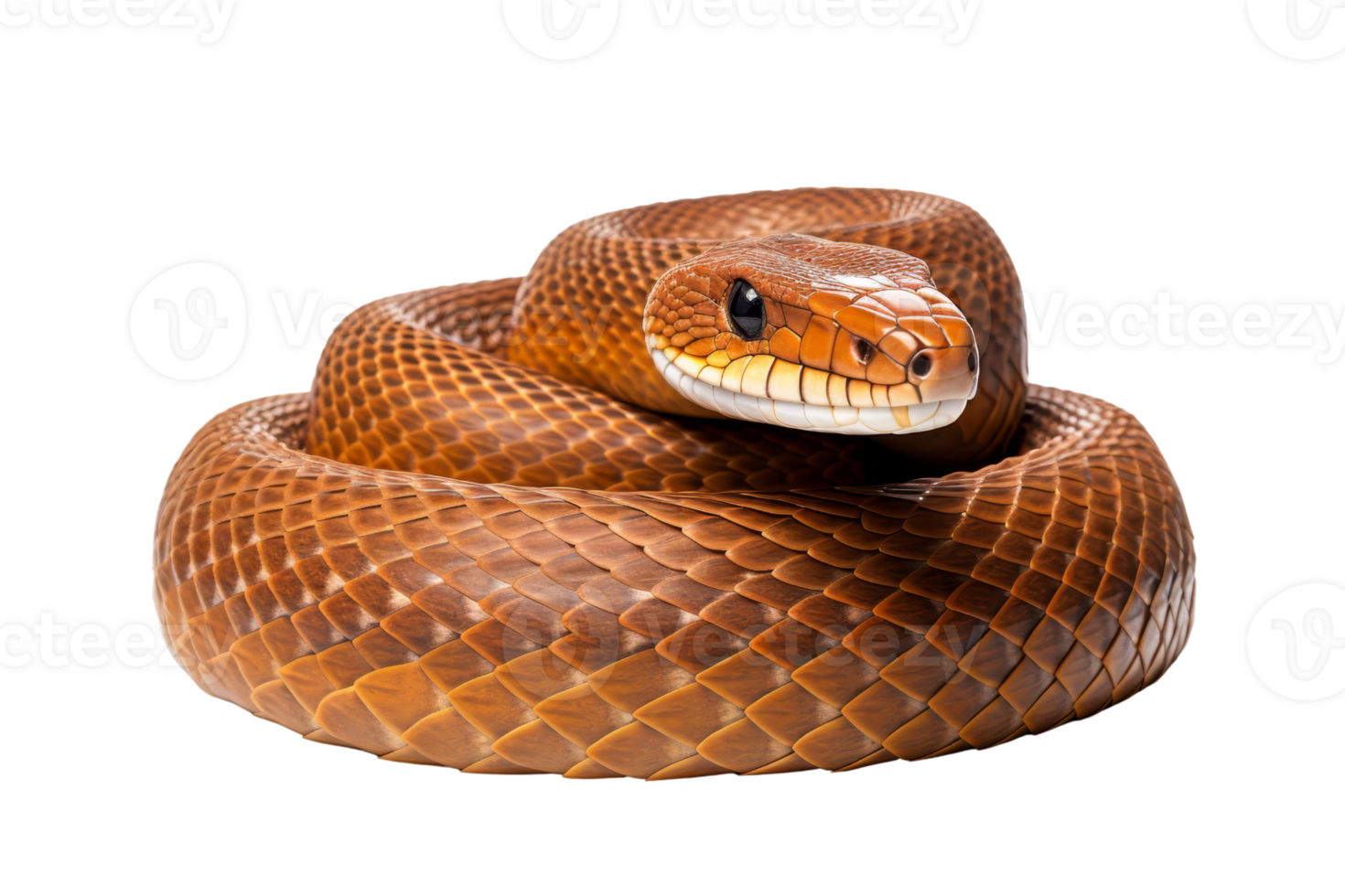 Close-up of a coiled brown snake with detailed scales and piercing eyes on a transparent background. png