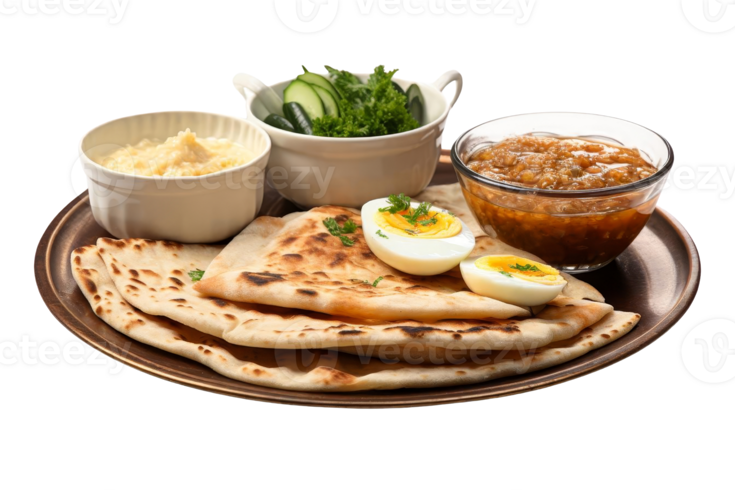 A tray of food with a variety of dishes including a plate of flatbread, a bowl of hummus, and a bowl of salad png