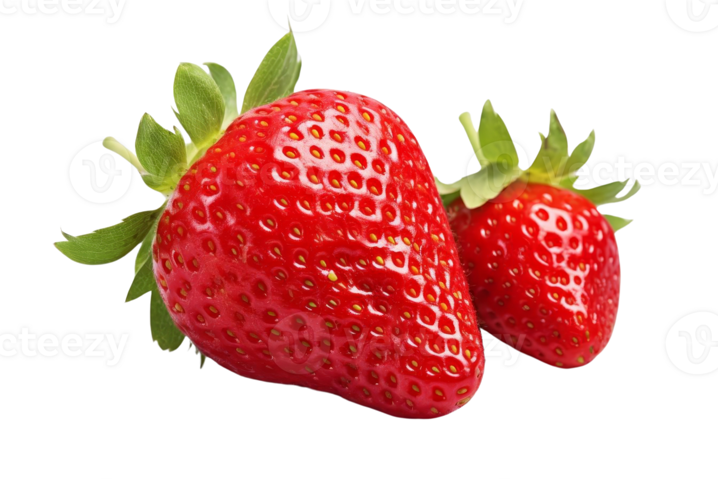 Close-up of two fresh, ripe strawberries with green leaves, showcasing vivid red color and texture, isolated on a transparent background. png