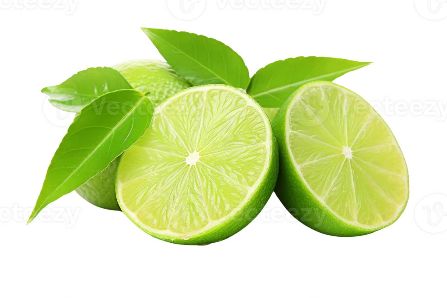 A lime is cut in half and has green leaves on top. The lime is fresh and ready to eat png