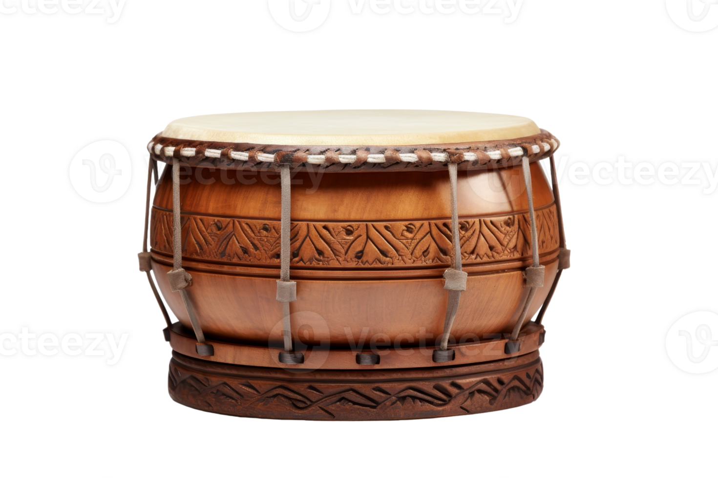 A wooden drum with a white and brown design. The drum is the center of attention and the design on it is intricate png