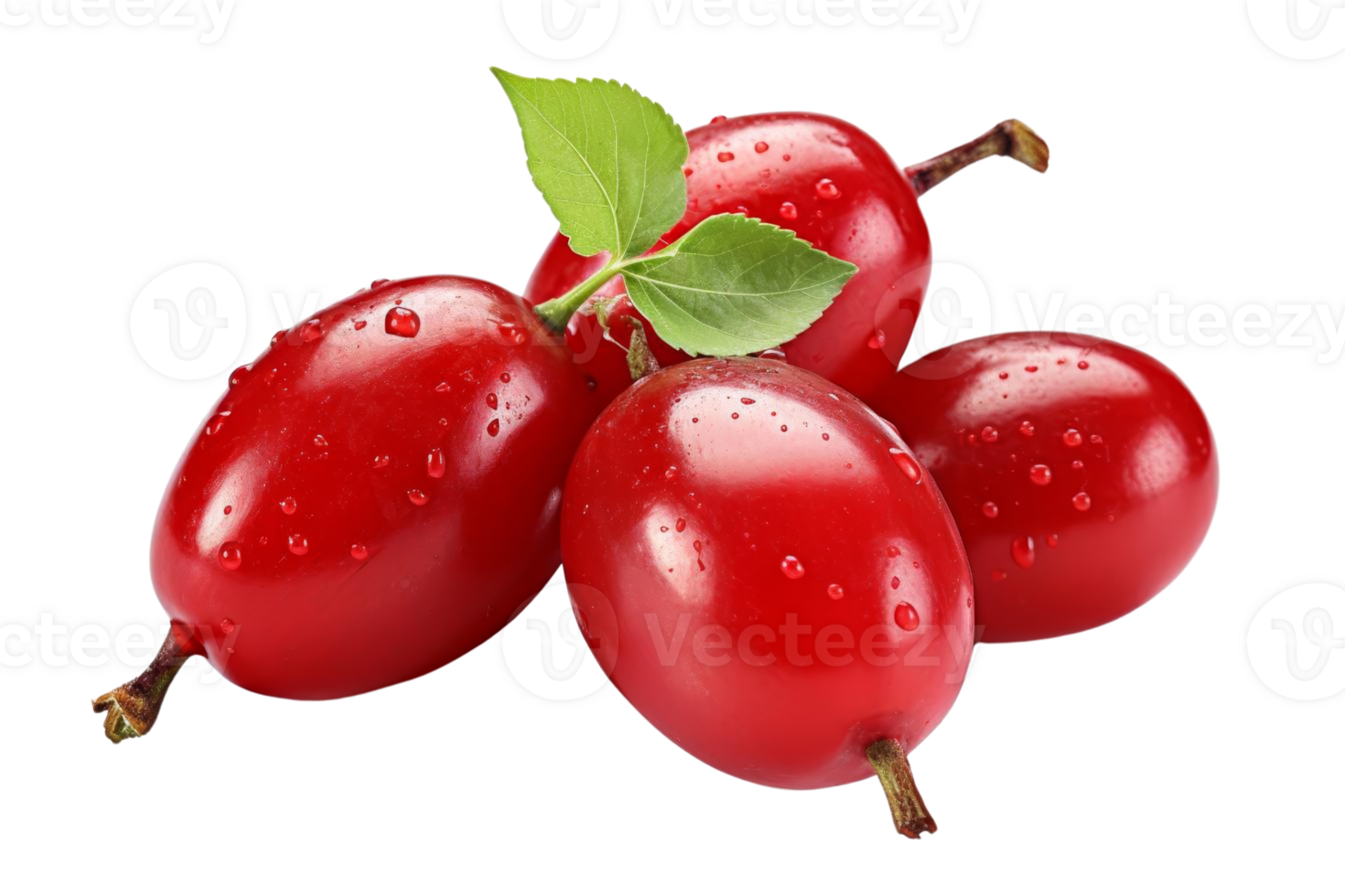 Four red fruits with a leaf on top. The fruits are shiny and wet png
