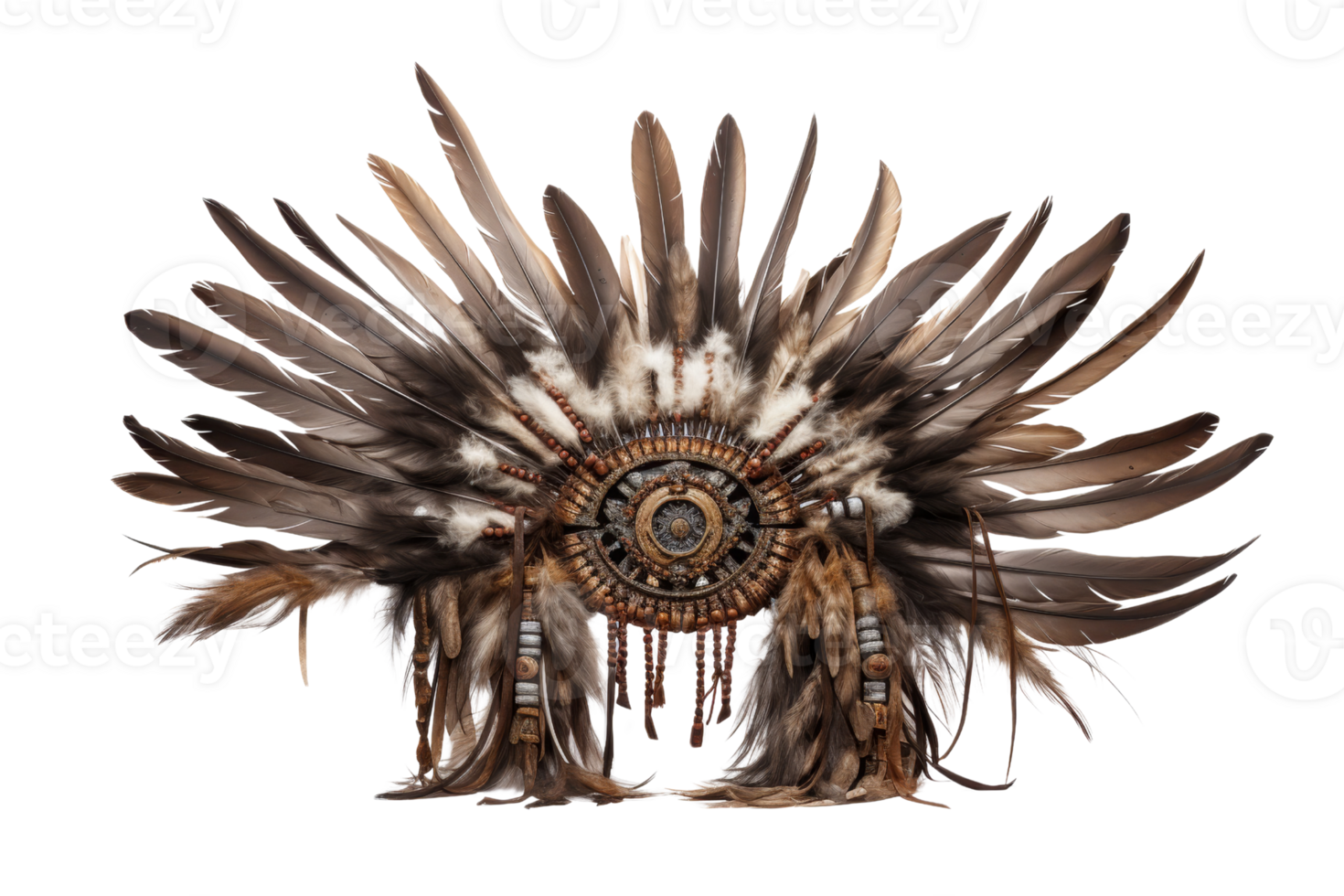 A feather headdress with a large circle in the center. The feathers are brown and white. The headdress is made of feathers and has a circular design in the center png
