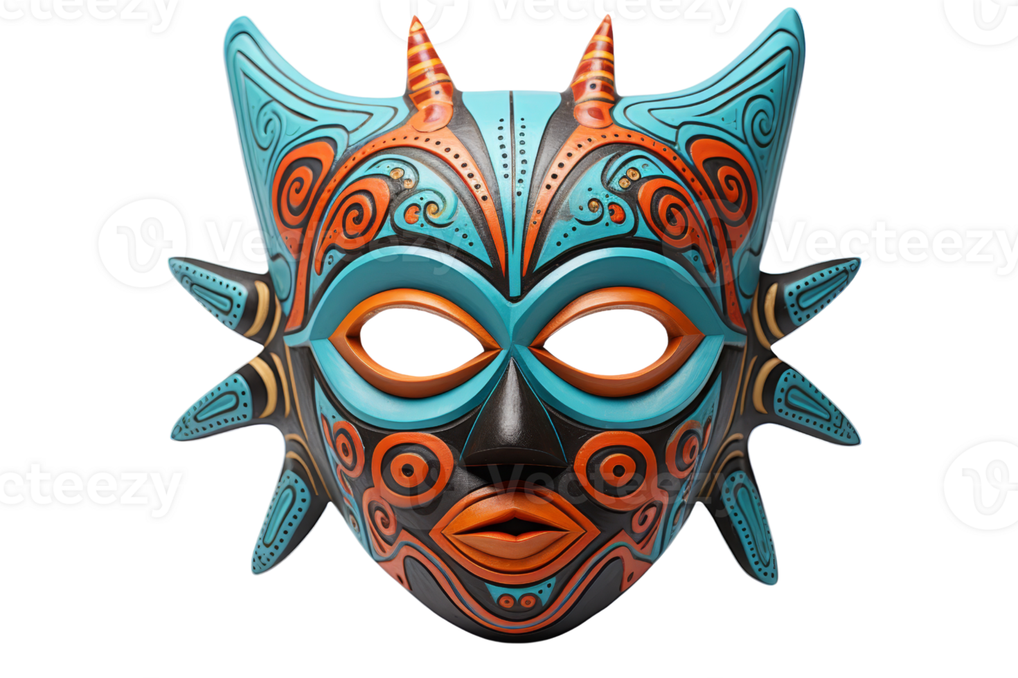 A blue and orange mask with horns and a black nose. The mask is decorated with swirls and has a menacing look png