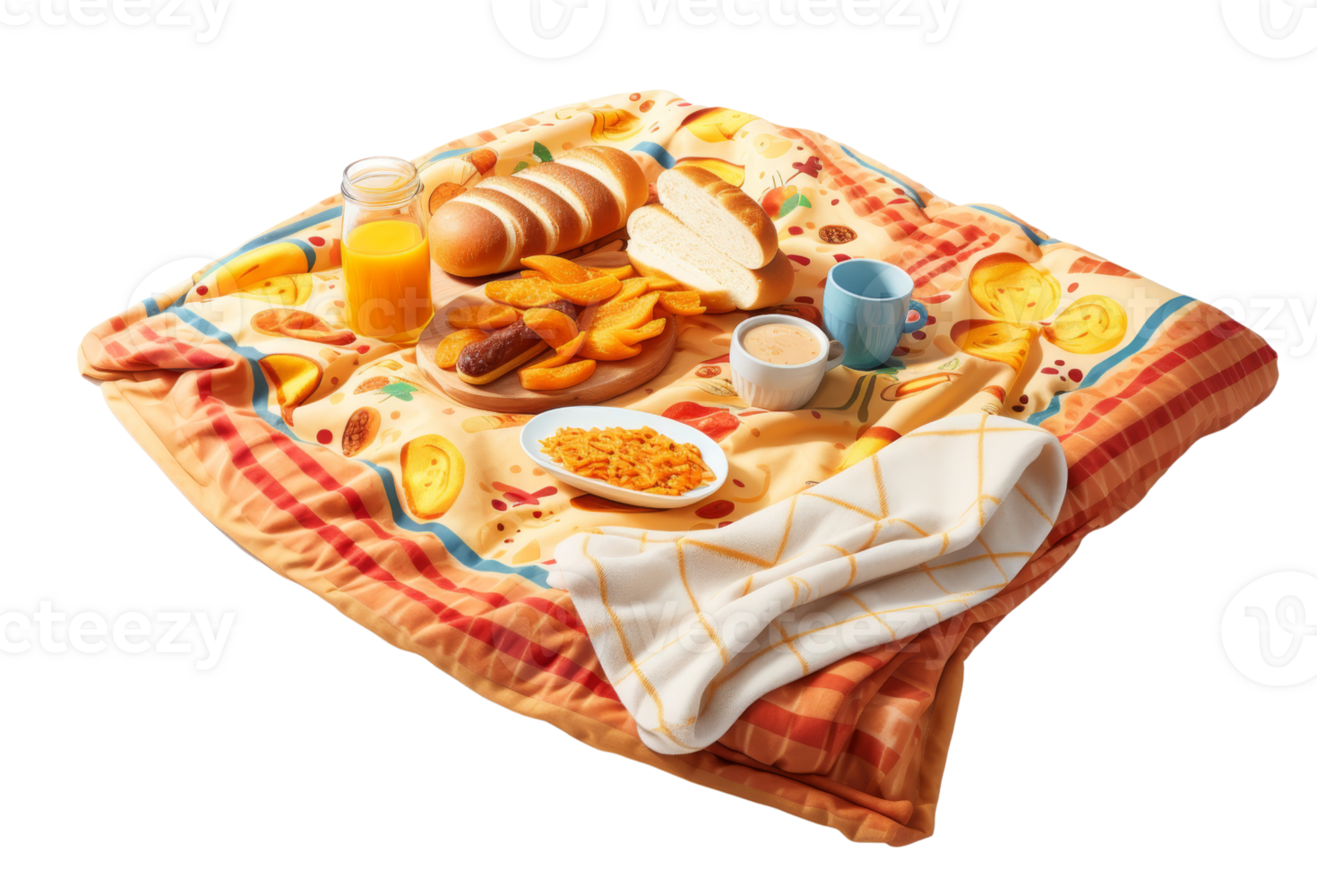 Cozy picnic setup with a variety of breakfast foods on a colorful blanket, featuring bread, pastries, beverages, and fruit. png