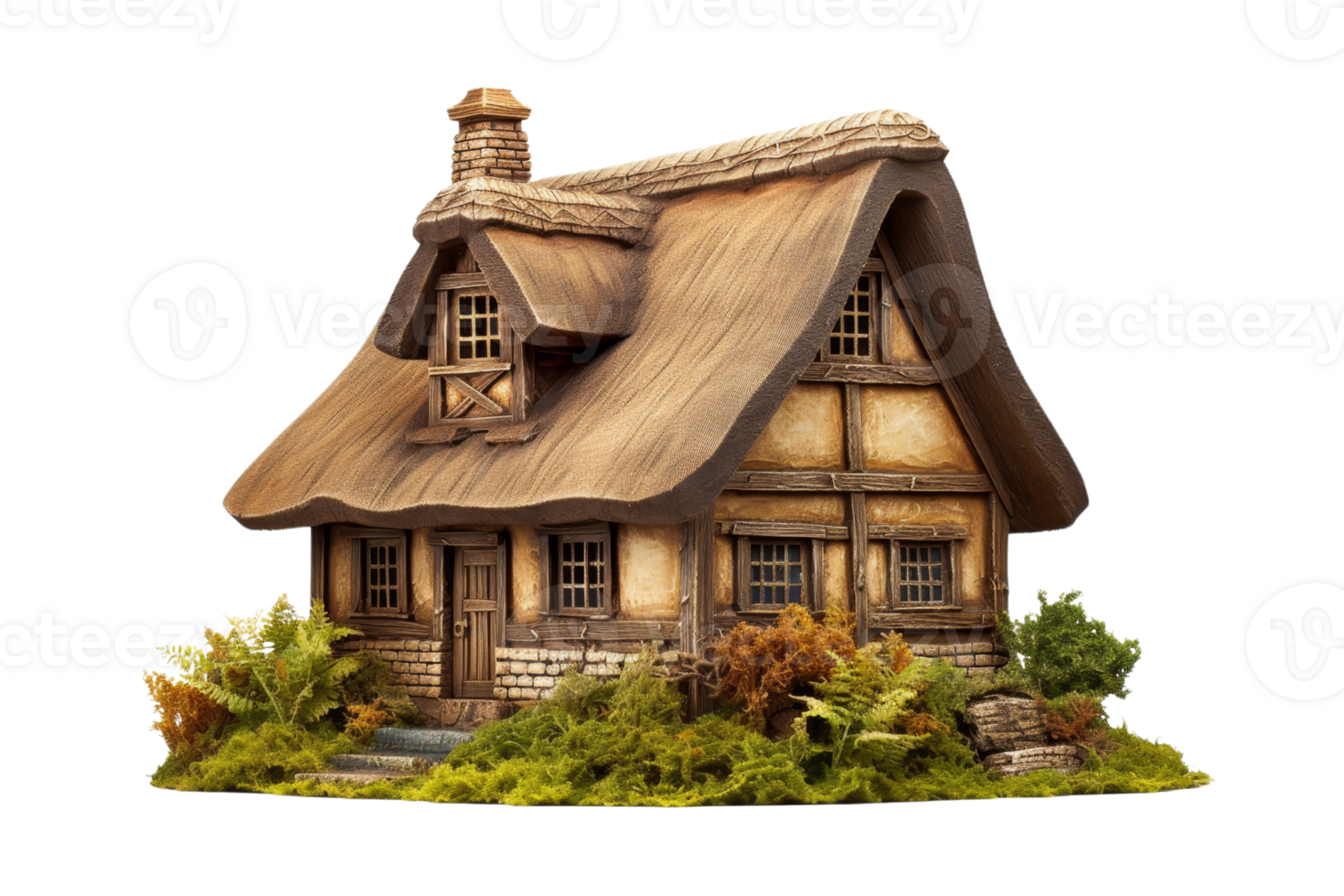 A small, old-fashioned house with a thatched roof and wooden siding. The house is surrounded by a lush green garden png