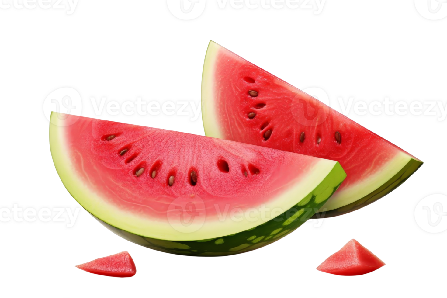 Freshly cut watermelon slices isolated on transparent background. highlighting the vibrant red flesh and green rind. Perfect for summer themes. png