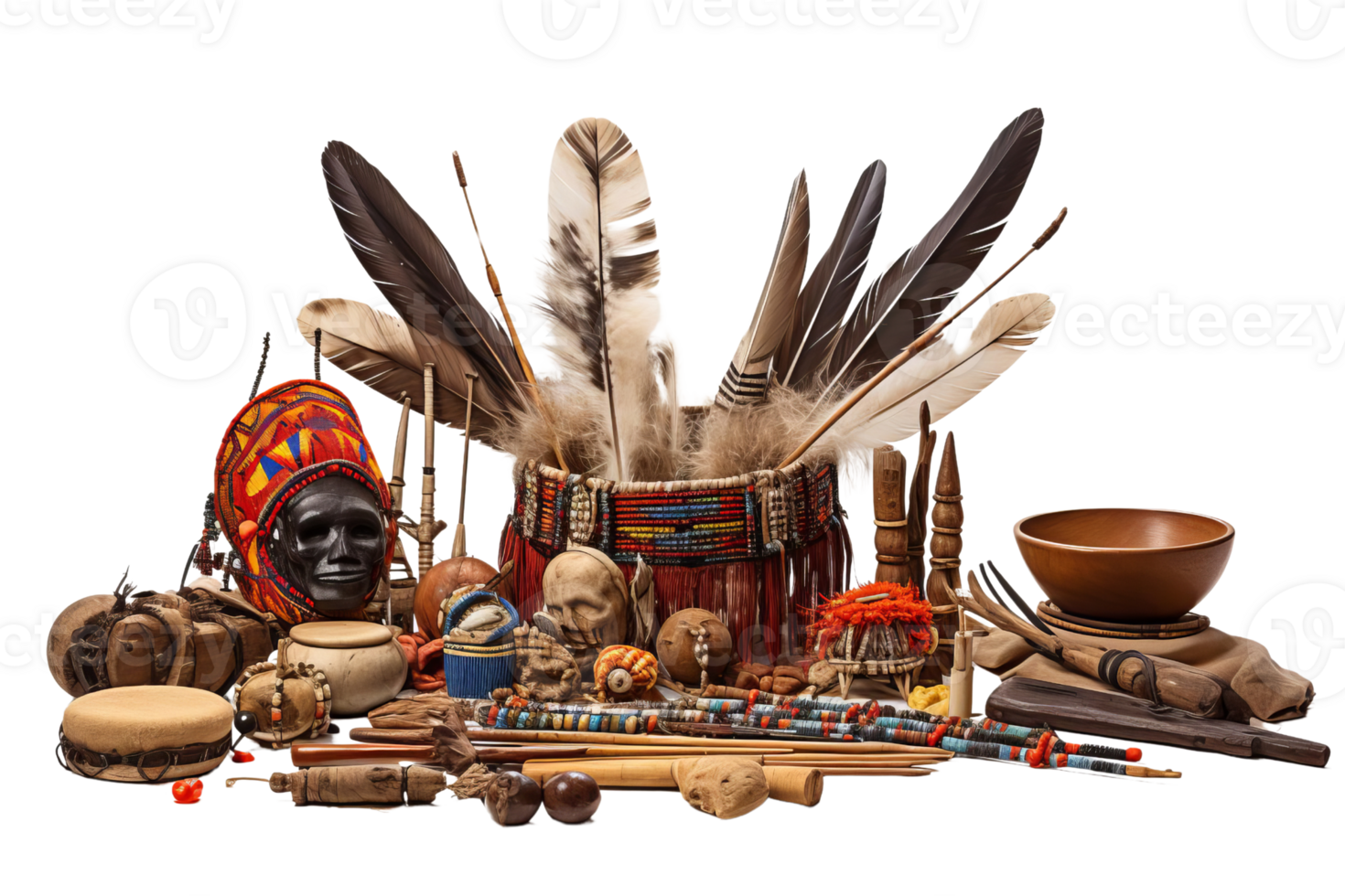 A collection of items including feathers, a skull, and a bowl. Scene is one of curiosity and intrigue, as the items seem to be from a different culture or time period png