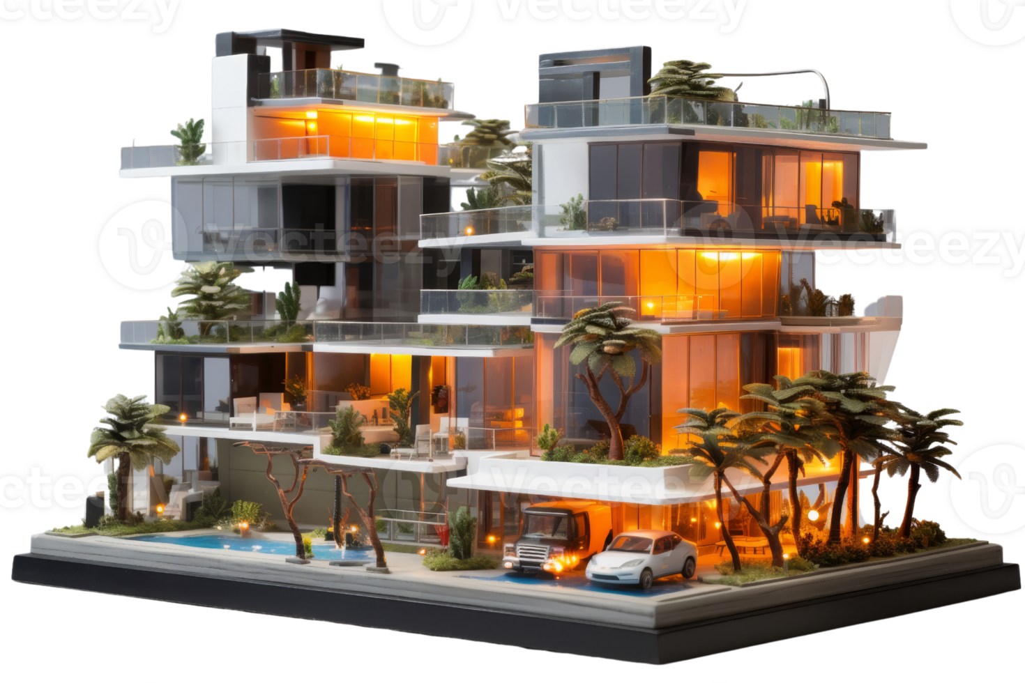 A model of a tall building with a pool and cars. The building is made of plastic and has a tropical theme png