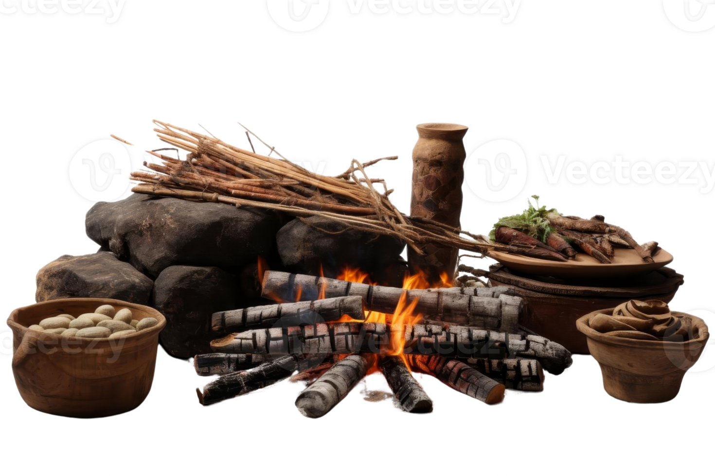 A fire is burning in front of a pile of wood and a bowl of nuts. The scene is rustic and primitive, with a sense of warmth and comfort png