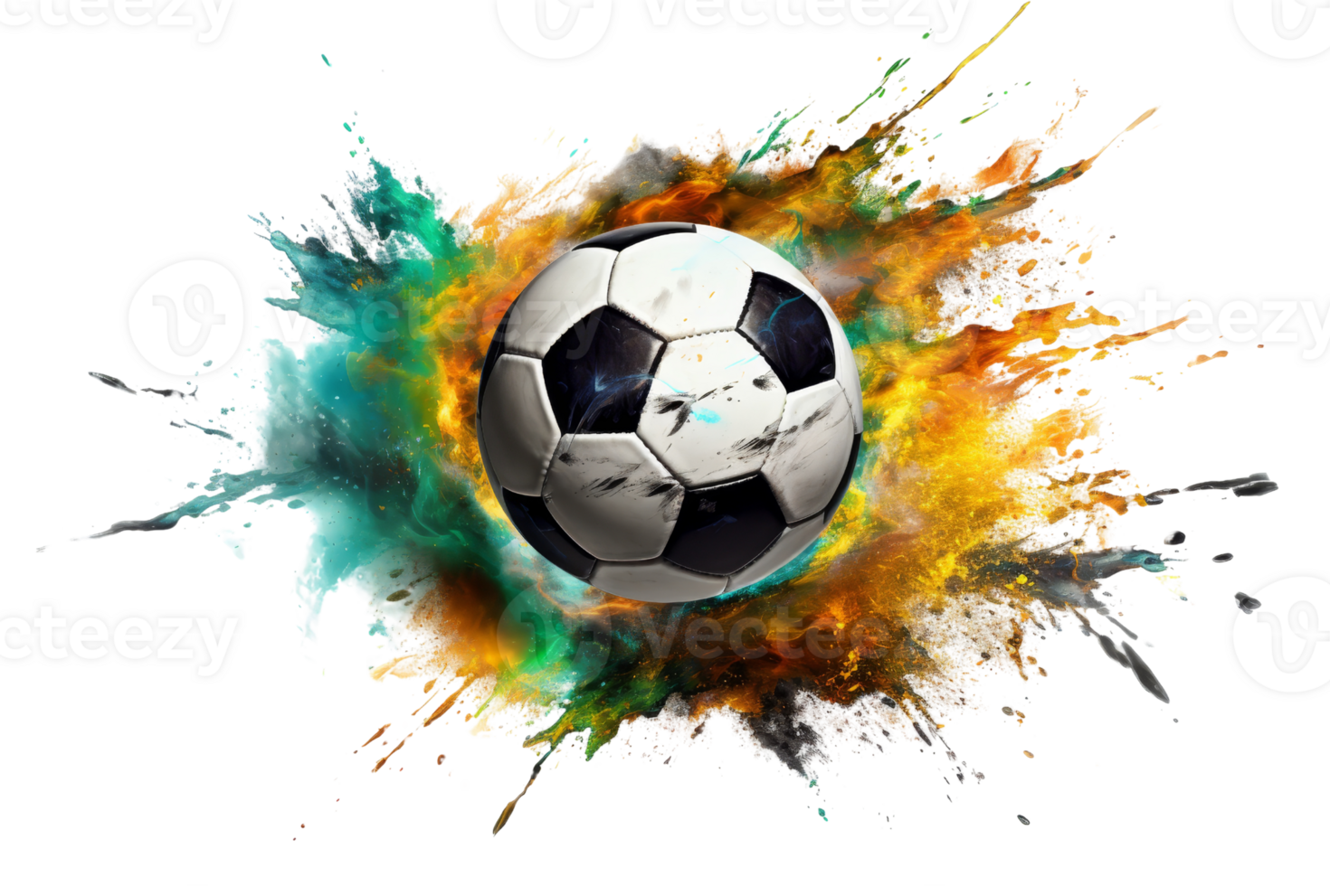 A soccer ball is surrounded by a colorful explosion of paint. The ball is the main focus of the image, and the explosion of paint creates a dynamic and energetic atmosphere png