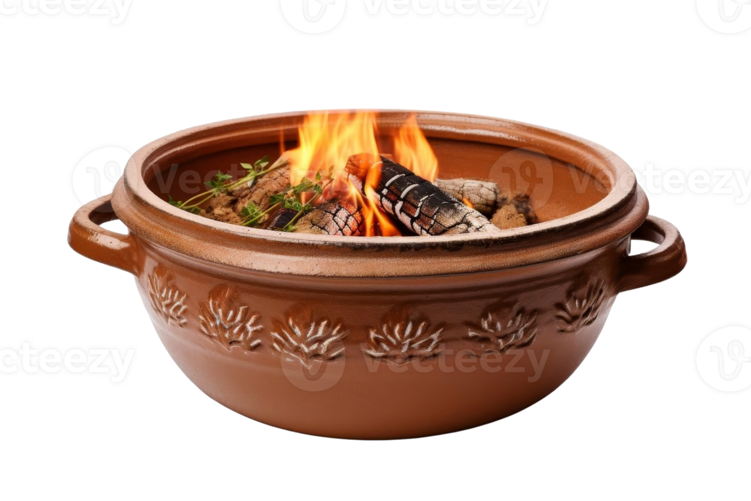 A large brown pot with a fire burning inside. The pot is filled with food and has a design on it png