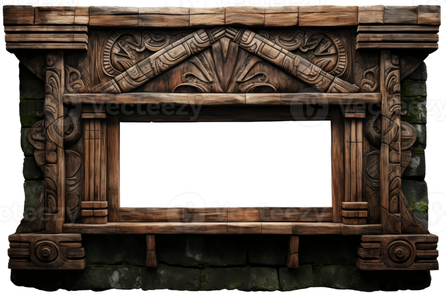 A wooden frame with a window in the middle. The frame is empty and has a rustic look png
