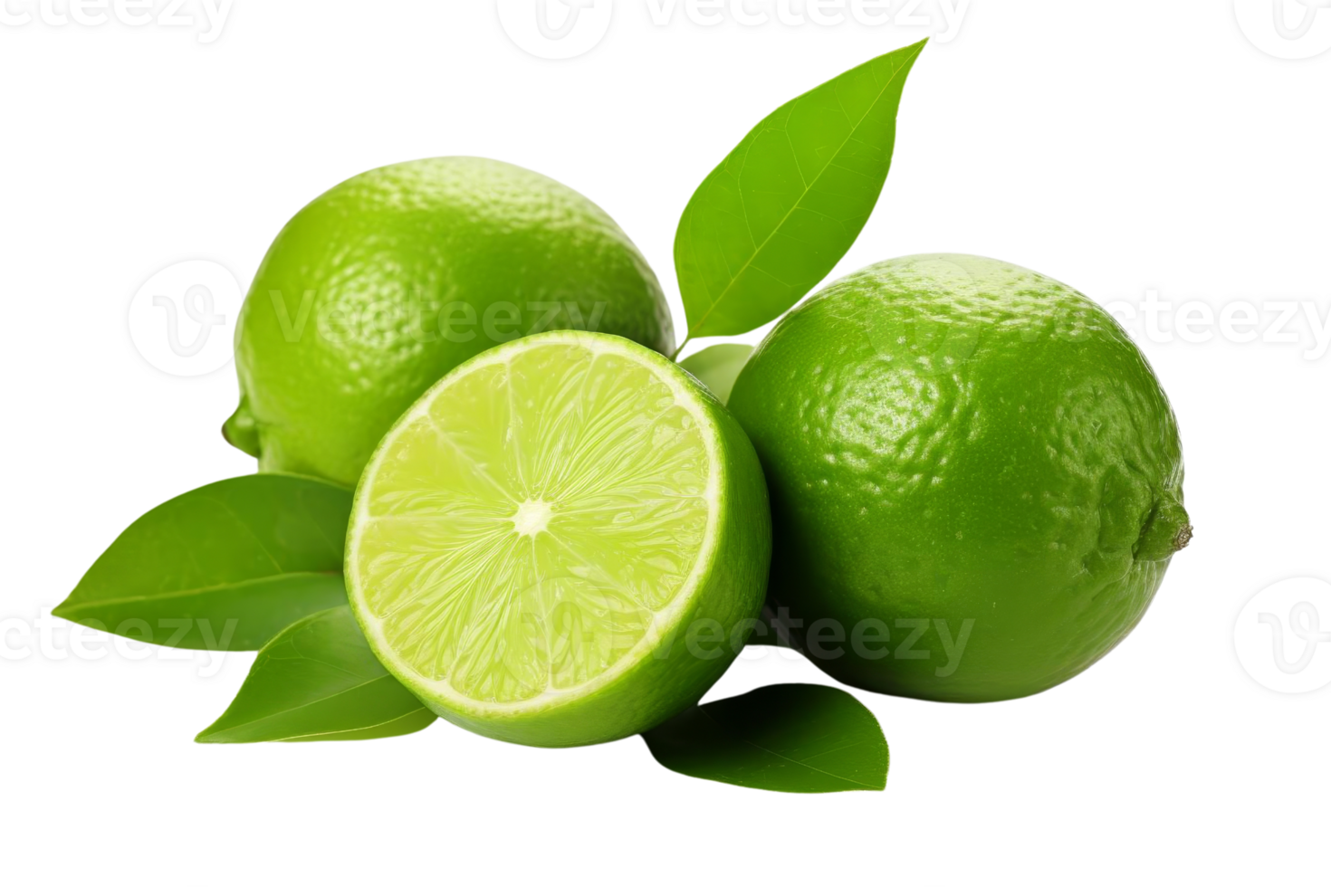 Fresh limes with green leaves isolated on transparent background. Perfect for recipes, drinks, and healthy food concepts. png