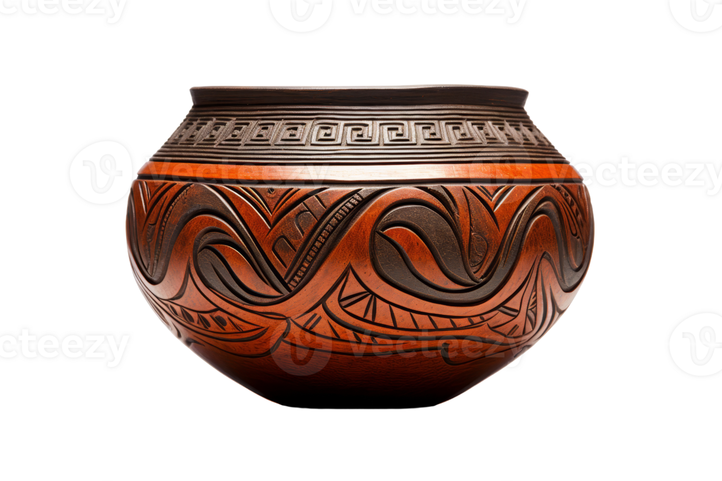 Intricately designed terracotta pottery with traditional patterns, perfect for adding a rustic touch to home decor or cultural displays. png