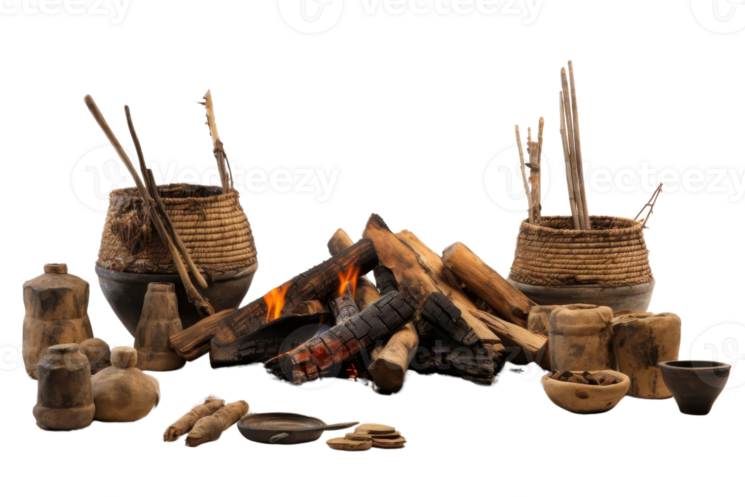 Traditional earthenware and wooden objects by a fireplace, showcasing rustic craftsmanship and heritage. Perfect for cultural and historical themes. png