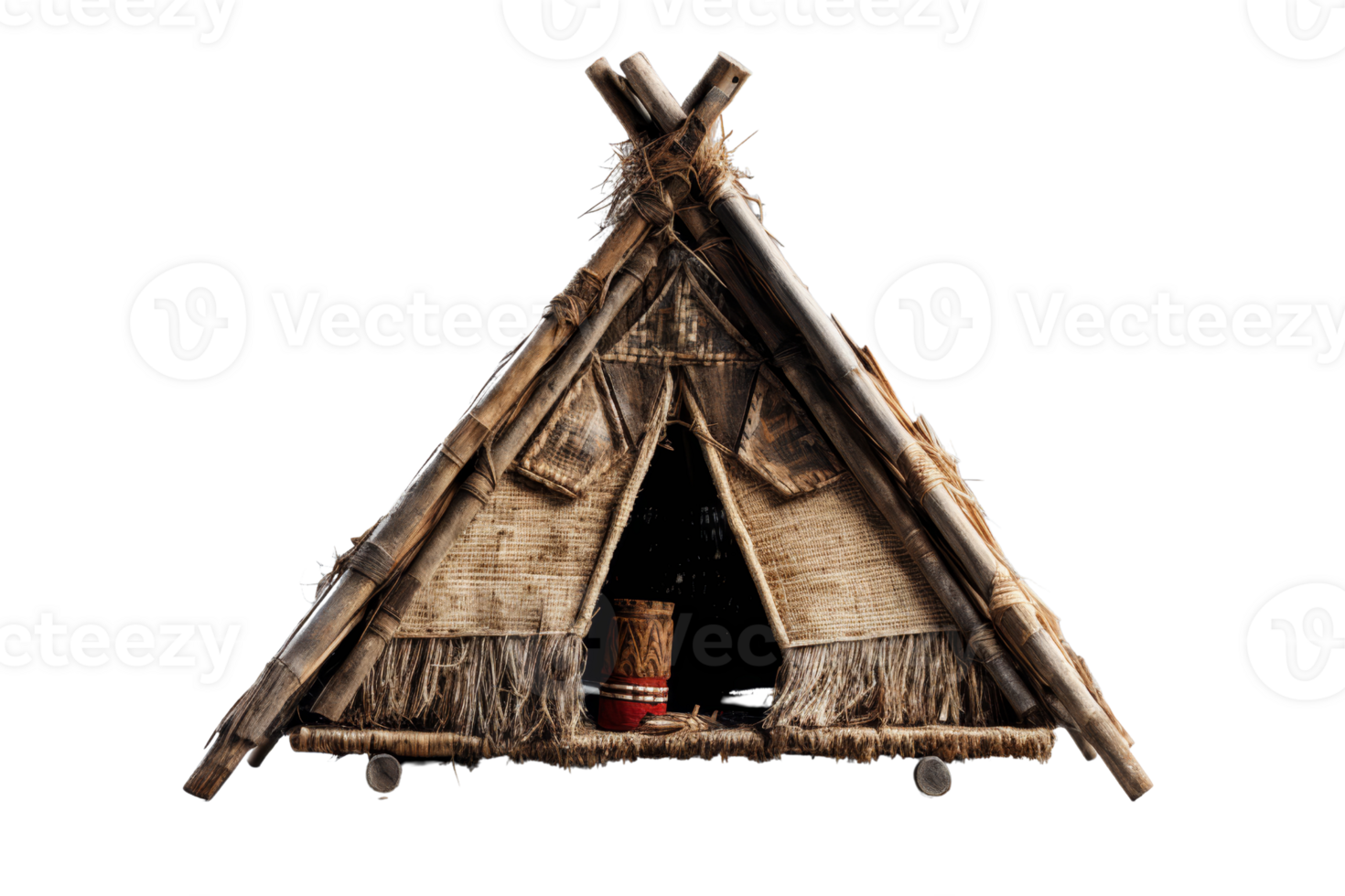 Traditional wooden teepee hut with rustic design, showcasing natural wood and thatch materials, perfect for outdoor or rural themes. png
