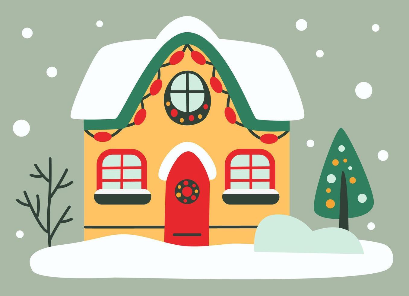 Charming Christmas house covered in snow, decorated with festive lights and surrounded by winter scenery. Cozy flat-style illustration perfect for holiday themes and seasonal designs. vector