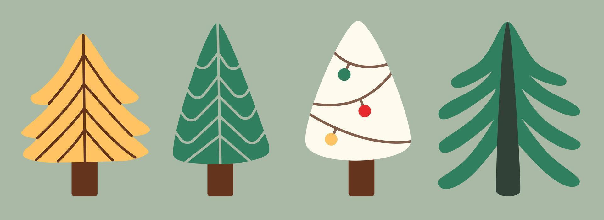Set of flat-style Christmas trees in different designs, including decorated and simple styles. Perfect for holiday cards, seasonal decorations, and winter-themed projects. vector