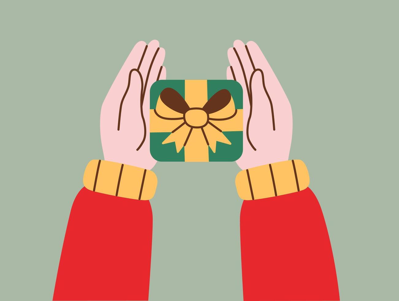 Flat-style illustration of hands holding a small gift box with a ribbon, perfect for holiday greetings, gift-themed designs, and festive decor. Simple, cheerful, and versatile for various projects. vector