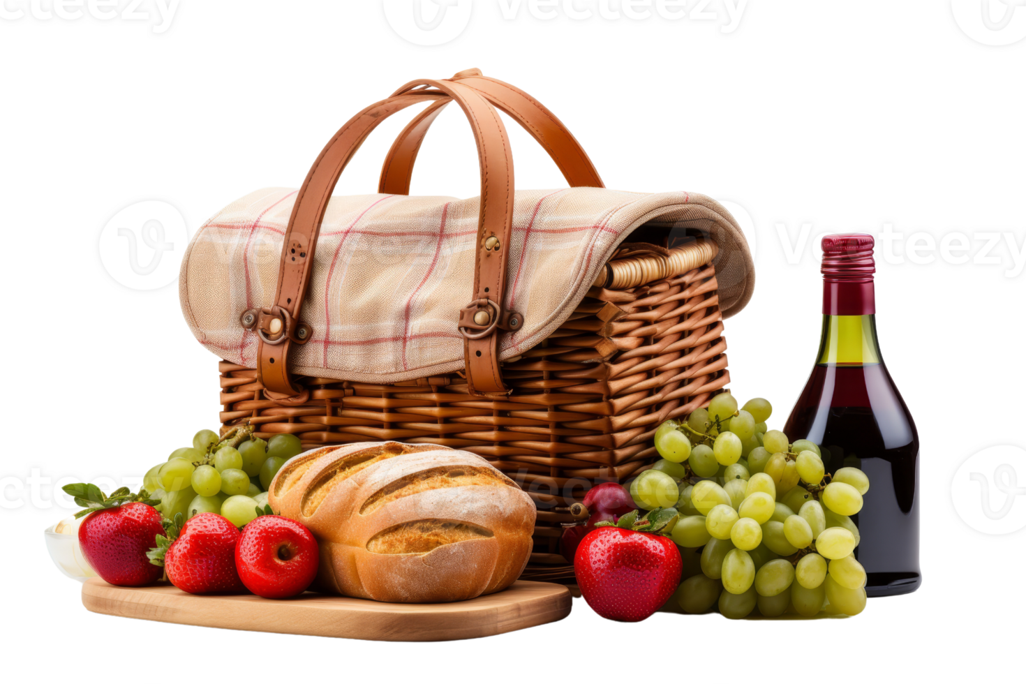 A basket of food and a bottle of wine are displayed on a table. The basket contains bread, grapes, and apples, while the wine bottle is red. Concept of relaxation and enjoyment, as the food png