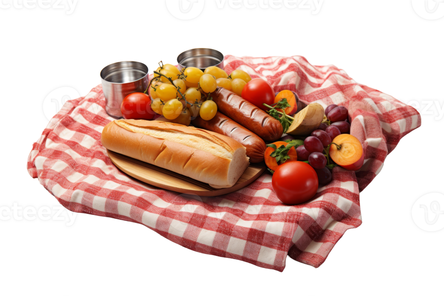 A red and white checkered tablecloth with a variety of food items including bread, grapes, tomatoes, and sausage png