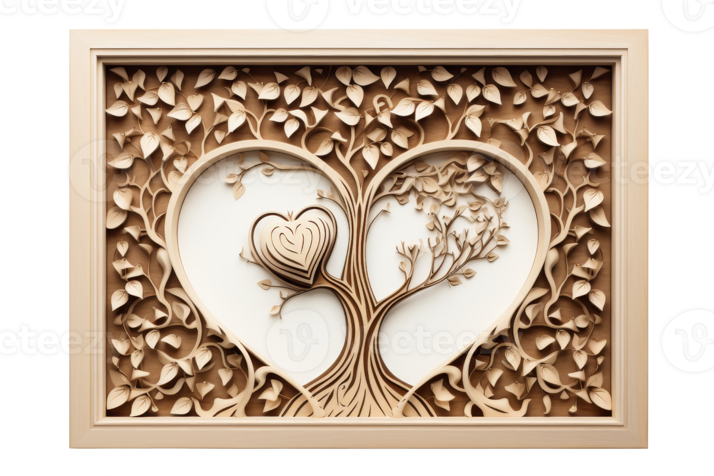 A wooden frame with a tree and a heart inside it. The tree is surrounded by leaves and branches, and the heart is positioned in the center of the frame. Scene is warm and inviting png