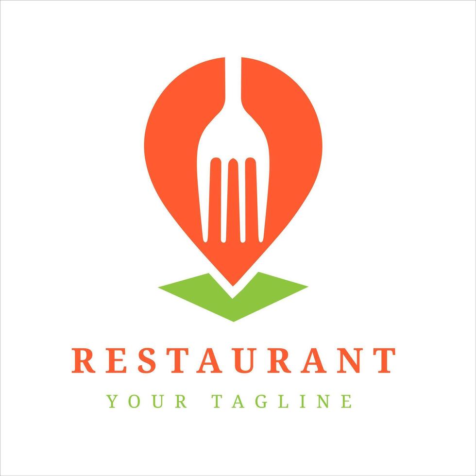 Unique restaurant logo with fork design integrated into location pin symbol, suitable for culinary business, food app, or modern restaurant. vector